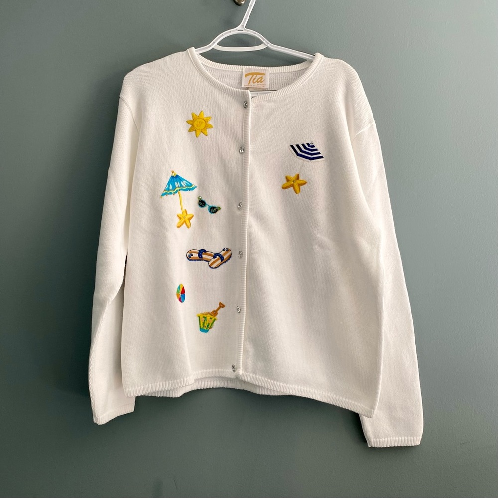 Tia Designs White Flip Flop Beach Embroidered Button Front Cardigan Sz L - Picture 2 of 10